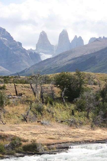 Torres Del Paine from distant waterfall
