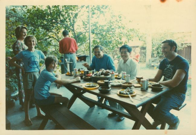 Paul on Trip to Sydney Australia for Digital Equipment Corp. at Vince Hugh's house for a Barbie (Q) 1978
