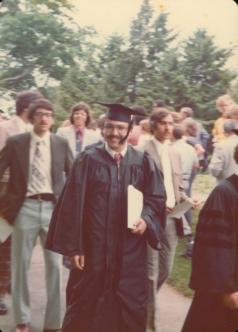 Paul at Brandeis Commencement May 1975 Steve Mascioli to his left, Bill Patsos in background
