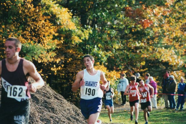 Peter leading  Marshwood X-country team 2002
