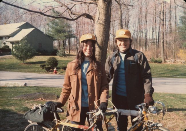 Paul and Helen embarking on bike trip to Sunapee meeting Frank G., aborted in Waltham
