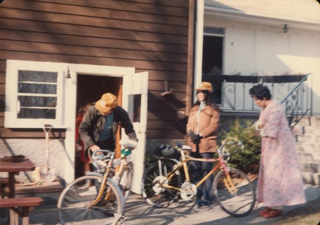 Paul and Helen embarking on bike trip to Sunapee meeting Frank G., aborted in Waltham
