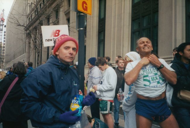 Ray Greenlaw supporting Paul after one of Paul's 21 consecutives official Boston Marathon finishes
