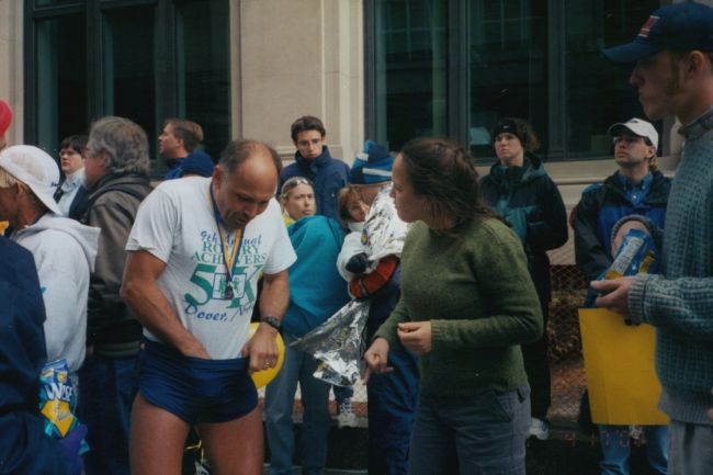 Jenny supporting Paul after one of Paul's 21 consecutives official Boston Marathon finishes

