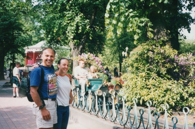 Paul and Jenny in Tivoli Amusement Park, Copenhagen, day before Broloppet 2000
Broloppet was the half marathon race run to celebrate the opening of the Oresund bridge, the first driving connection between Denmark and Northern Scandinavia.  Paul, Peter and Jenny flew there from the Maine State Championship track meet in 2000 arrived the next day, ran the next day, and kept on running back to the airport and the flight home
