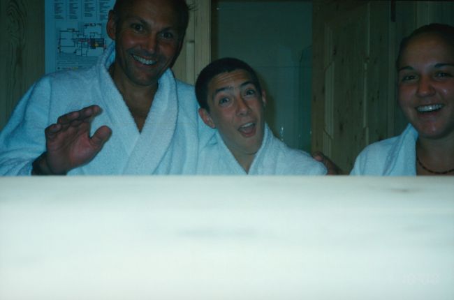 Paul Peter and Jenny going to indoor heated pool in hotel in Zermatt
