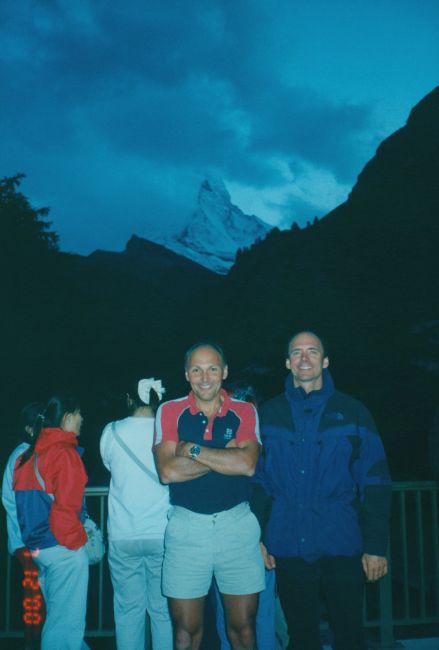 Paul and Ray in Zermatt with obscured view of the Matterhorn, which they climbed together in 1996
