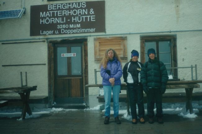 Laurel, Jenny, Peter at entrance to the Hornli Hutte, at the base of the Matterhorn technical climb
