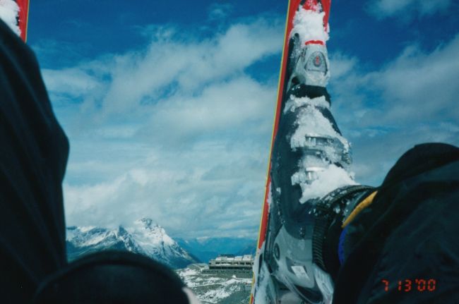 Jenny and Peter skiing on glacier below the Matterhorn
