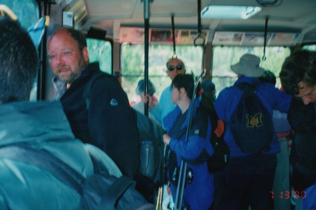 Helen riding the tram up for  glacier skiing below the Matterhorn
