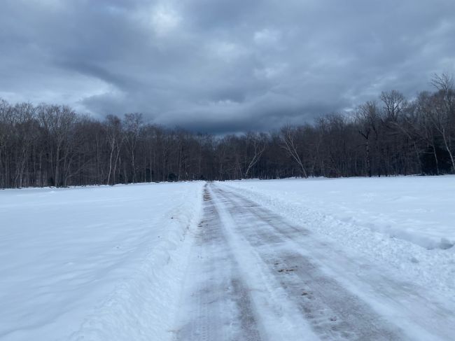 long walk through plowed farm road from parking area to actual start of trail
