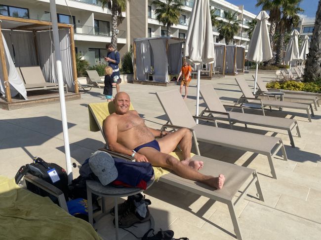 Paul on rest day in Albania before starting our Adriatic circumnavigation drive.  We had about 24 hours rest at this beach hotel after picking our car and before taking ferry to Italy.
