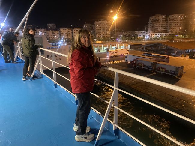 Helen on overnight ferry from Durres, Albania to Bari, Italy.  Leaving Albania here.
