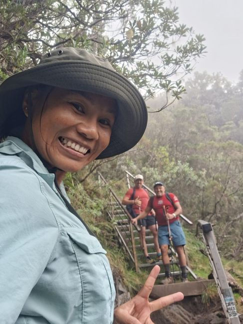 Hike in center of Reunion Island (we climbed partway up the highest peak in the Indian Ocean, 10070' Piton des Neiges. Maybe we made it halfway before running out of time. Normally requires overnighting and cold weather gear.
