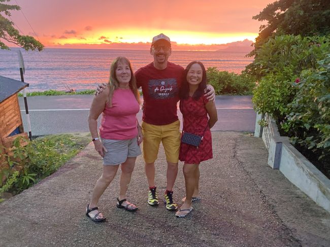 walking to supper from our hotel in Mahe
