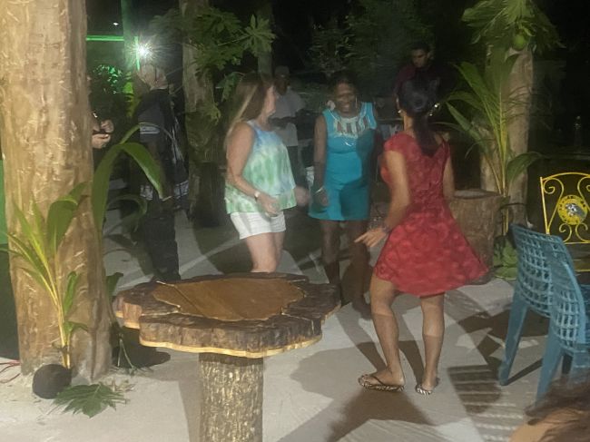 Dancing the night away in Praslin at restaurant near our hotel
