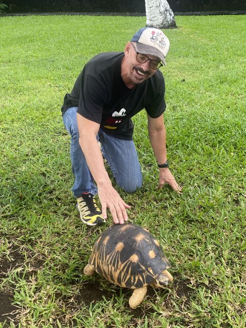 Ray playing with large land turtle on lawn behind our hotel in Comoros
