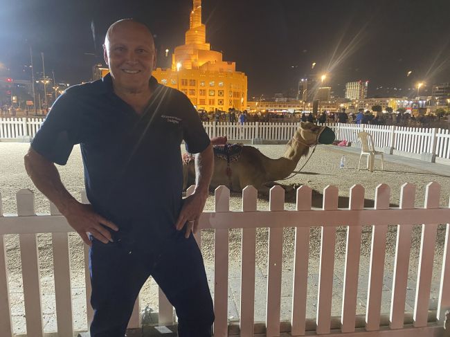 Paul with tourist camel in glitzy Doha
