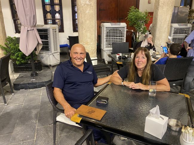 Helen and Paul eating in old souk in Doha
