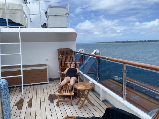 2/18 relaxing on board Orion after morning dive on USS Coolidge in Espiritu Santo, Vanuatu
