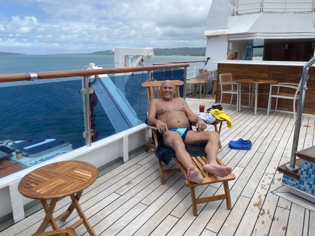 2/18 relaxing on board after morning dive on USS Coolidge in Espiritu Santo, Vanuatu
