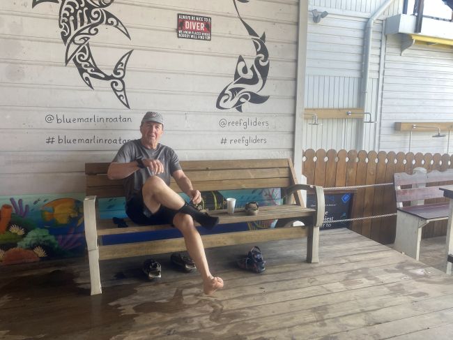 2/16 Bill at Reef Glider's dive shop, Roatan, Honduras
