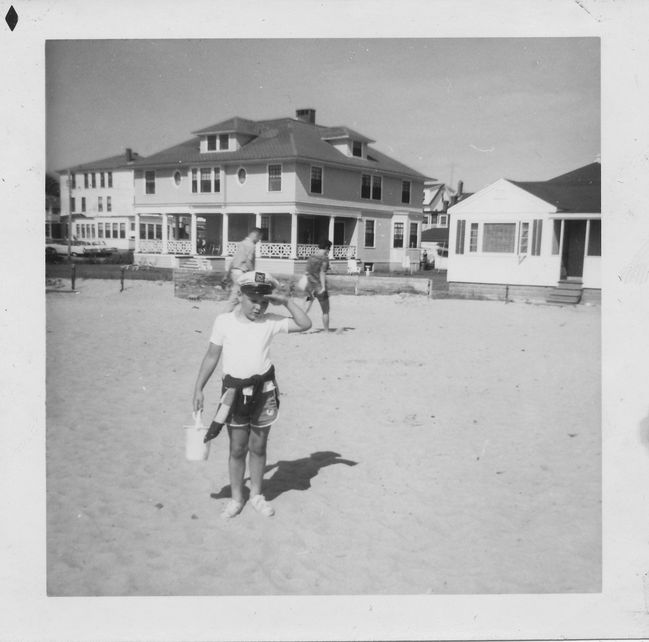 Paul on beach. Maybe Old Orchard beach, Maine on week-long trip there with Greta.  We went there by bus from Boston.
