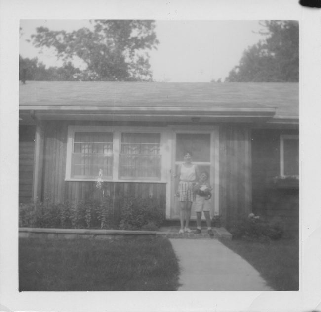 Greta, Paul and cat Sonya in front of 13 Cynthia Road mid-1960's
