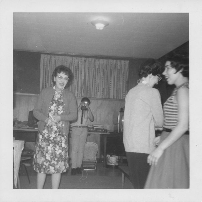 Greta, unknown man, Rosalie and Lynne in 13 Cynthia basement party ca 1966
