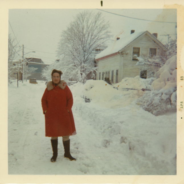 Greta Holman on snowy Adamson Street, Winter 1969
