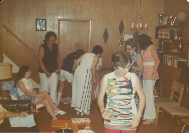 Party in 13 Cynthis basement, Janice (seated), Emily (Greta's friend), Leslie, Lynne, Rosalie, Elaine Goff
