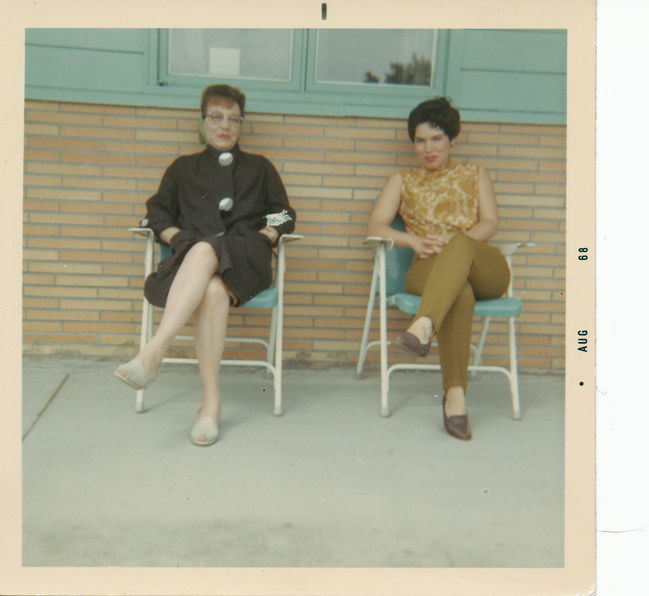 Greta and Lynne sitting in front of Canadian hotel 1968
