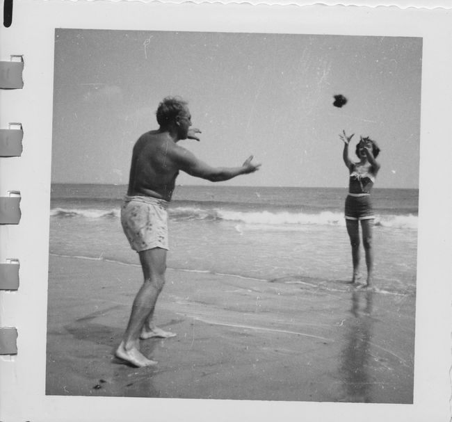 Ake playing catch on Wells Beach with Jo Spracklin ca 1951
