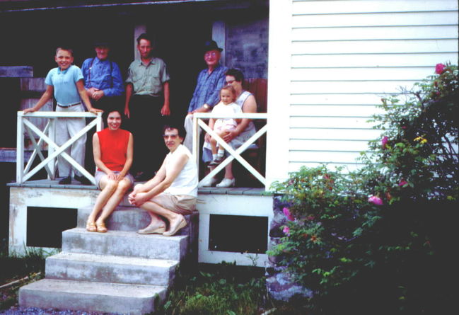 Paul, UNK, Lloyd, Geroge, Leslie, Ella,Lynne, Greta at Ella Tate's original house before it was taken by Canadian eminent domain for Trans-Canada highway
