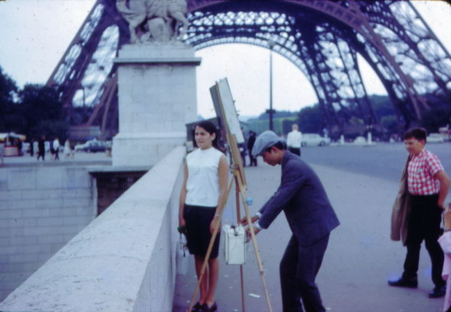 Leah being sketched in front of Eiffel Tower, Paris, 1966 trip
