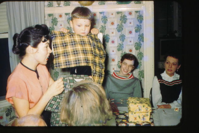 Lynne, Paul, Rosalie, Greta, Allston dining room ca 1957
