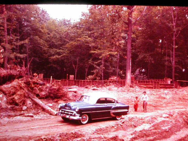 13 Cynthia Road foundation going in 1959 and our 1953 Chevy Belair
