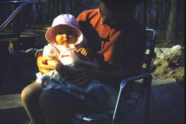 Lynne with Leslie in 13 Cynthia back yard, 1961
