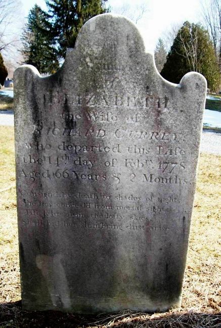 Gravestone of Elizabeth Currey, one of Lynne's Royalist ancestors relocated from New England to New Brunswick
