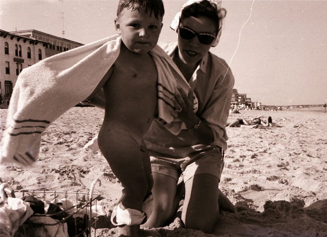 Lynne, Paul and his equipment on Wells Beach ca 1956
