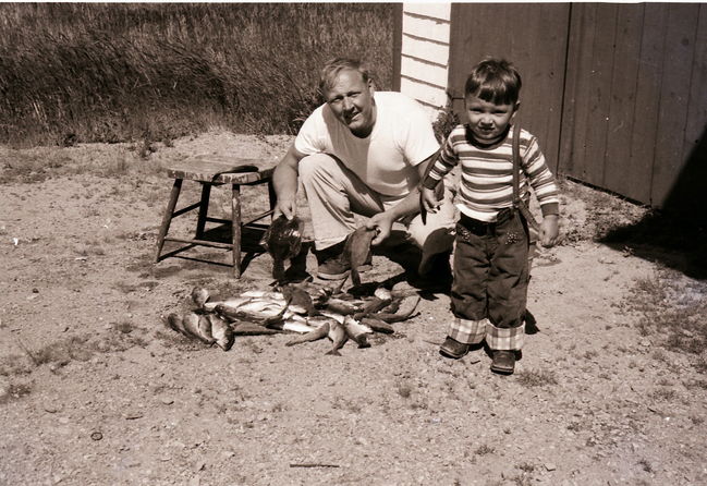 Ake and Paul after fishing in front of Barbersson, Wells Beach, ca 1957
