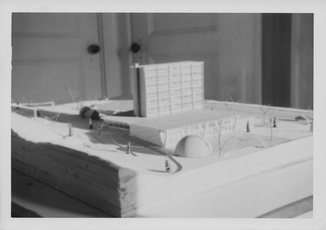 model one of Ake's buildings in Malmo while working in Sweden 1952
