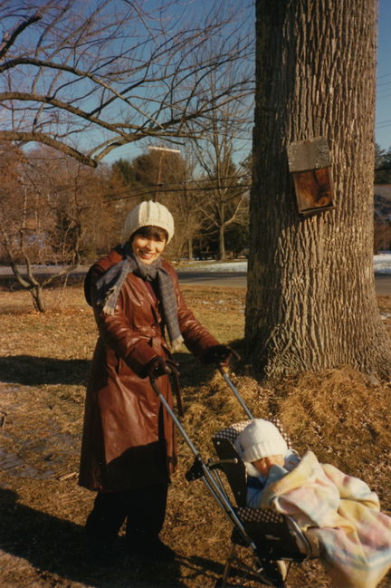 Lynn and baby Peter in front of Bondgarden winter 85-86
