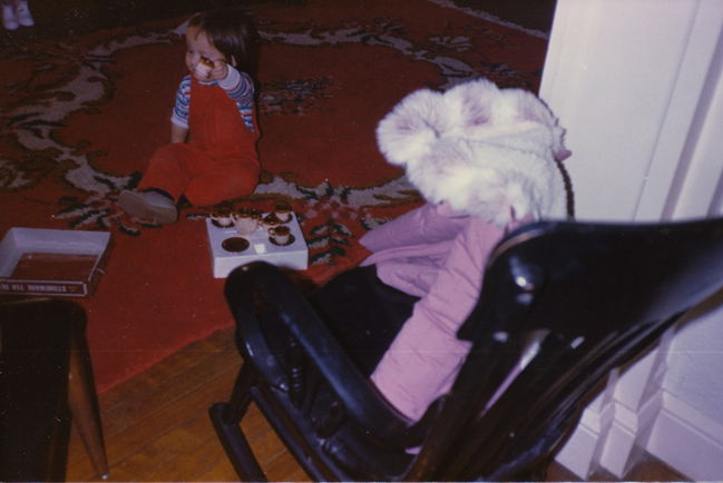 Jenny and her new tea set in Eliot living room Xmas 1985
