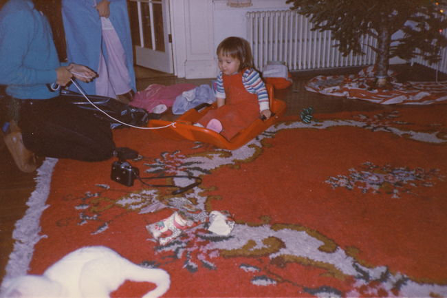 Helen, Nana and Jenny and her new sled in Eliot living room Xmas 1985
