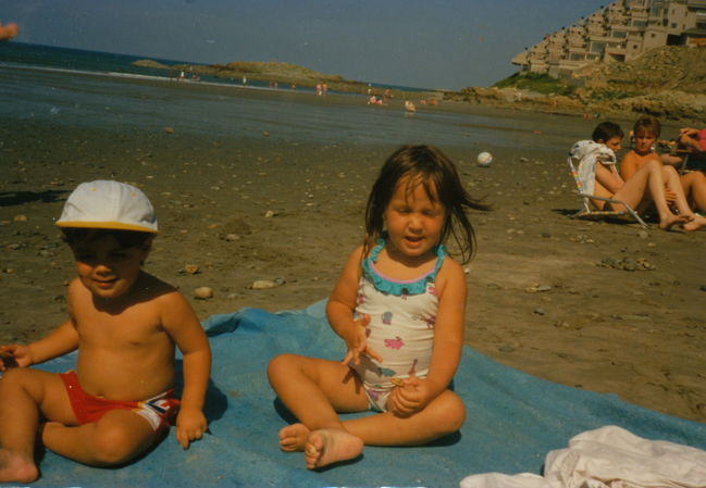 Jenny and Peter on beach on Mexican Pacific on Xmas trip 1988 with Alejandro's family
