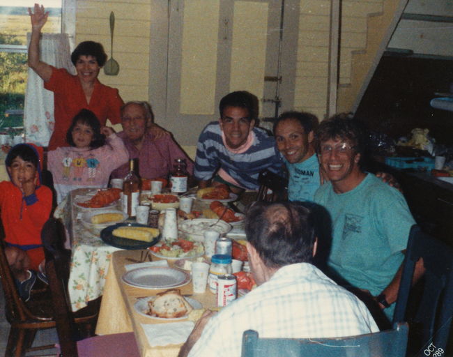 Wells Beach Kitchen after 1rst Wildman Biathlon Aug. 89. From Rt: Ed Goggin, Paul, ,Jose Franklin, Ake, Jenny, Lynn, Helen, Peter, Uncle Paul
