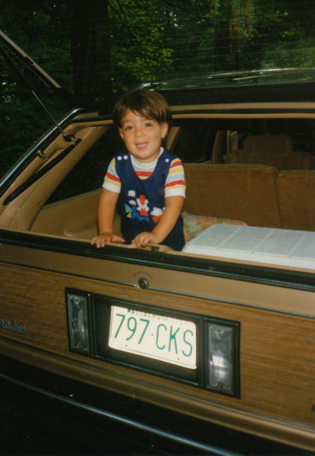 Peter in back of his Farfar's station wagon, Canton, ca 1988
