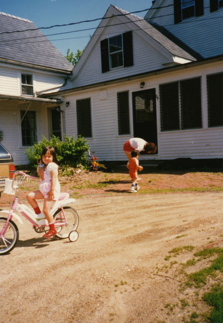 Jenny with new bike, Peter, Helen Eliot Front yard 1989
