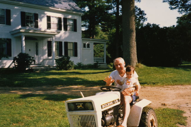 Ake and Peter mowing the lawn in Eliot 1988
